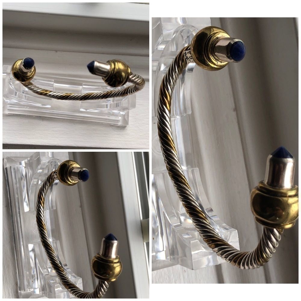 925/Brass Twisted Rope Design Lapis Cuff Bangle - Picture 7 of 8